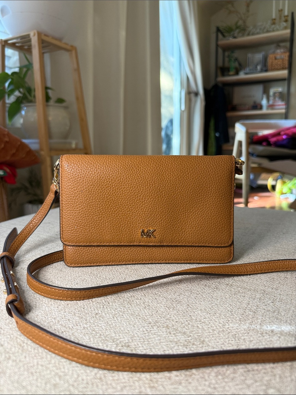 NWOT Michael Kors Camel Brown Pebbled Leather Flap Crossbody